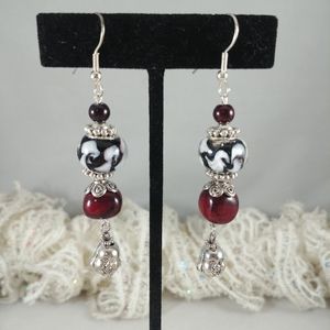 Black White & Red Beaded Buddha Earrings